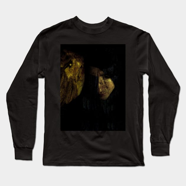 Portrait, collage, special processing. Man, dark costume, long hair, looking down. On left demon of gold. Gold. Long Sleeve T-Shirt by 234TeeUser234